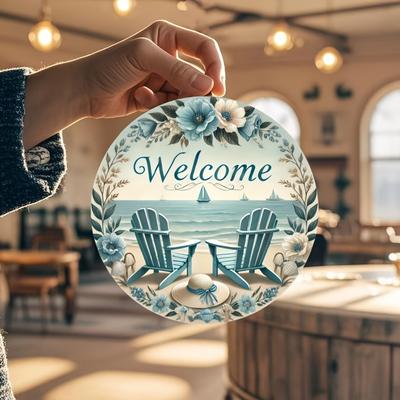 1 Piece Retro Beach Scene Welcome Sign - Zhuangyan Adrey Dock Chair and Seasons, 2D Printed Wooden Plaque with Garland - Wall Hanging, Se