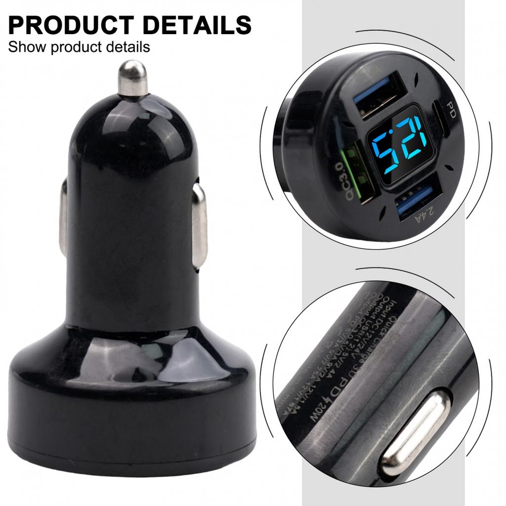 1X Car Charger Voltage Monitoring 12V/24V 4USB Black