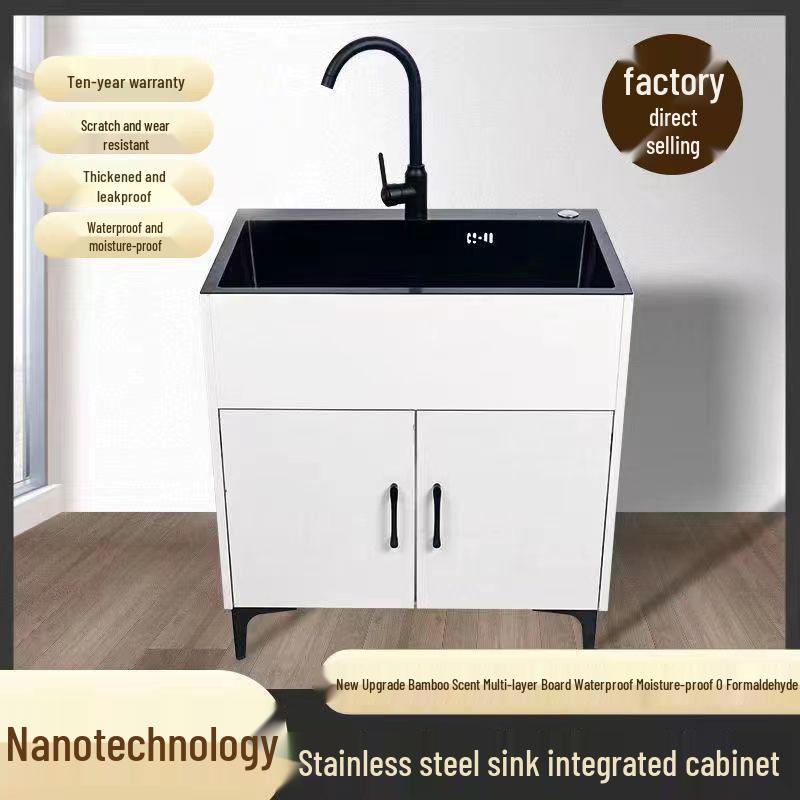 Double-Bowl Stainless Steel Kitchen Sink with Solid Wood Cabinet