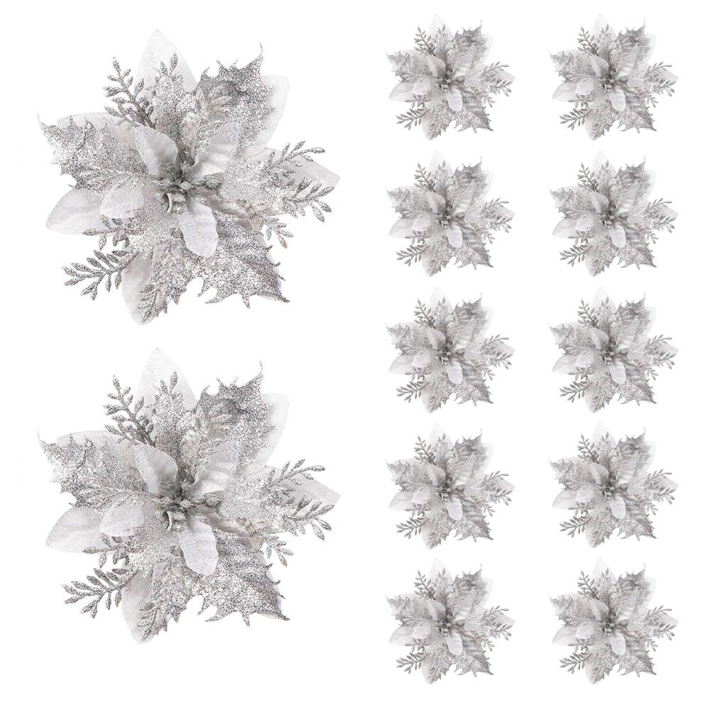 5/10Pcs 14.5cm Christmas Decoration Artifical Flower Ornaments Pink Red Gold Glitter Fake Flowers For Xmas Tree Home Decor