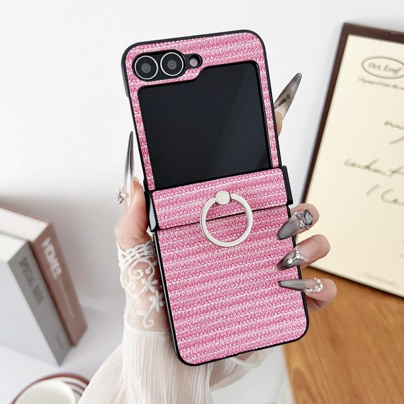 

Тонкий складной чехол из 3 предметов из однотонной кожи в полоску для Samsung Galaxy Z Flip6 Flip5 Flip4 Flip3 с кольцом-держателем, жесткий противоударный матовый чехол для телефона из ПК Samsung Z Flip3 розовый