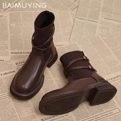 Damen Stiefeletten Strick Mid Heels Retro Schuhe Winter Klassisch Chunky Motorradstiefel Trend Neue Marke Goth Botas Mujer