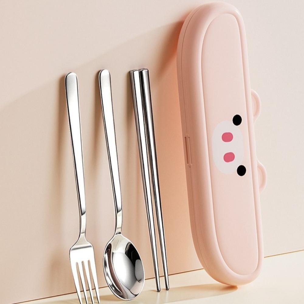 Cartoon Stainless Steel Cutlery Sets Portable Travelling Dinnerware Set School