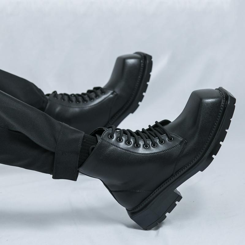 Men’s Retro Punk Thick Sole Platform Boots Jockey Boots Yellow Square Toe Motorcycle Boots High Boots Plus Size