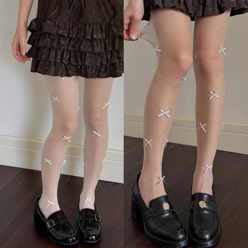 Aesthetic Sparkly Rhinestones Bowknot Sheer Pantyhose Stockings Women Thin See Through Silky Tights Shimmering Leggings