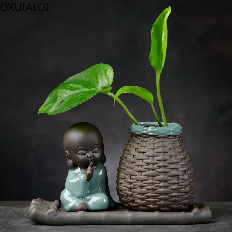 DXUIALOI Neu Chinesisch Kreativ Hydrokultur Pflanzen Chrysantheme Kupfer Geld Blumentopf Vase Zen Keramik Handwerk Heimdekoration