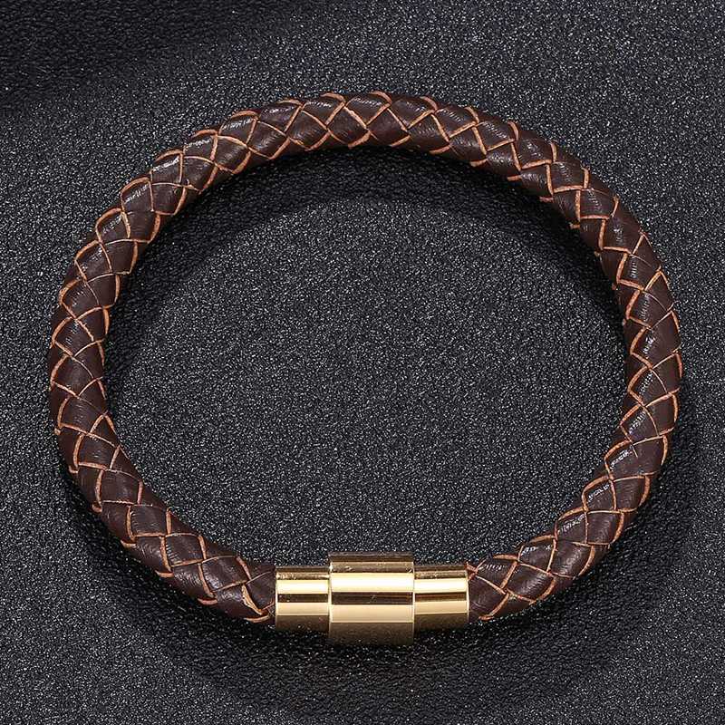 Retro Men Brown Leather Bracelet Charm Gold Color Clasp Bangles Jewelry Birthday Gift