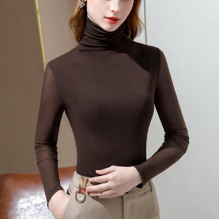 New  Autumn Winter Velvet Mesh High Collar Long Sleeve Tops Women Solid Color Stretch Tight Fit Inner Shirts