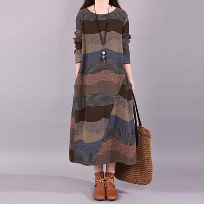 

Bargain~Counter Retro Striped Cotton-Linen Long Dress with Long Sleeves 2XL [Recommended for 150-170 lbs]