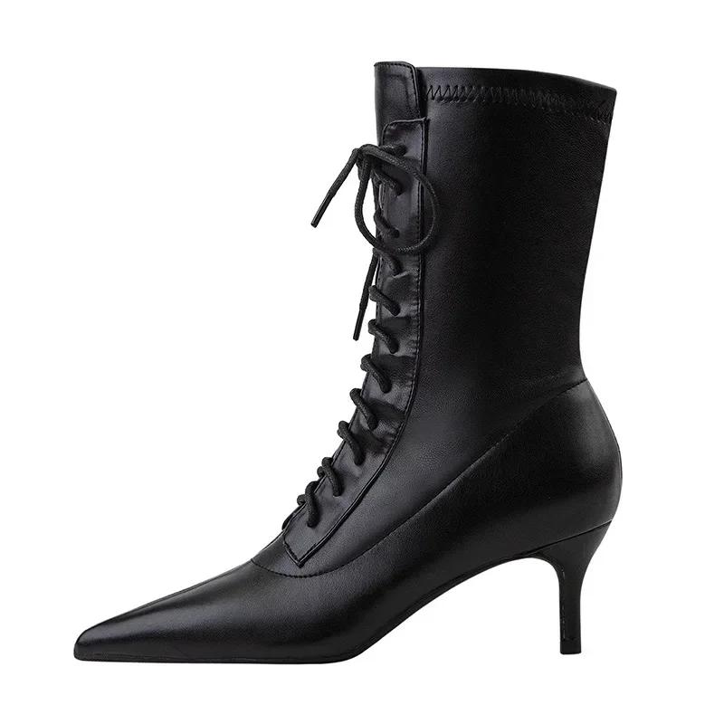 

Ботильоны из кожи на шнуровке с острым носком, модные брендовые короткие ботинки на тонком каблуке, осенне-зимние дизайнерские сексуальные ботинки на высоком каблуке для женщин 40