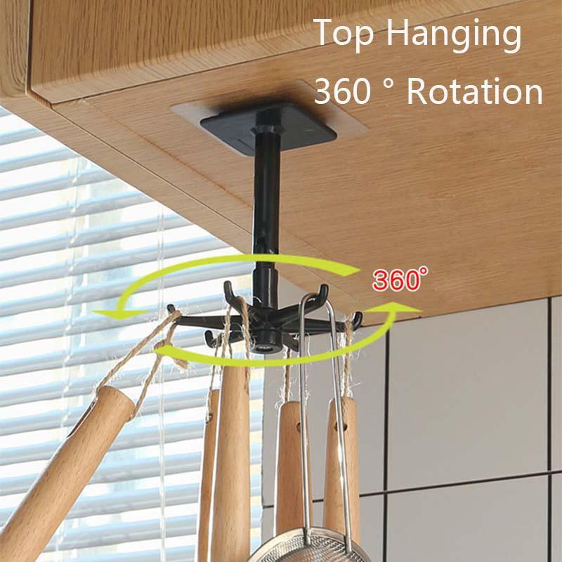 360 Degrees Rotated Kitchen Hooks Self Adhesive 6 Hooks Wall Door Hook Handbag Clothes Ties Bag Home Hanging Rack