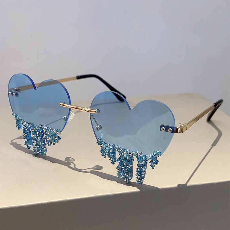 1/2 Pairs Heart Shaped Sunglasses with Rhinestones Women Fashion Rimless Rave Shades Trendy Original Design Sun Glasses