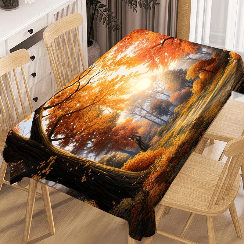 1pc 2D Flat Printing, Autumn Forest Tablecloth, Warm Golden Sunlight Piercing Red Maple Forest, Mountains of Autumn Leaves, Rectangular, Multiple Size