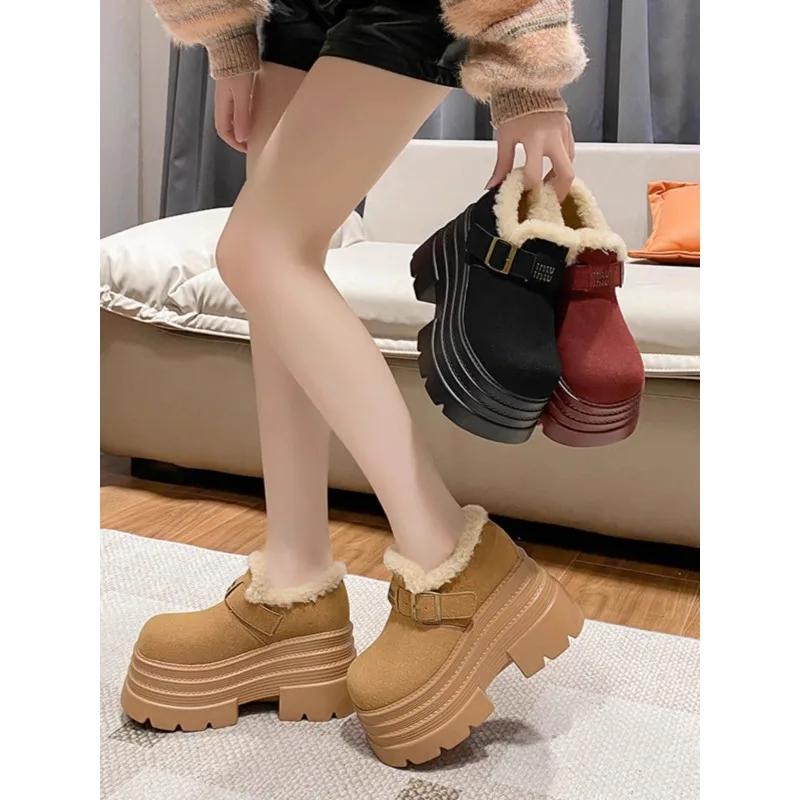 New Women Winter Warm Snow Boots 10CM High Platform Short Booties Designer Suede Leather Cotton Shoes Woman Ankle Botas Mujer