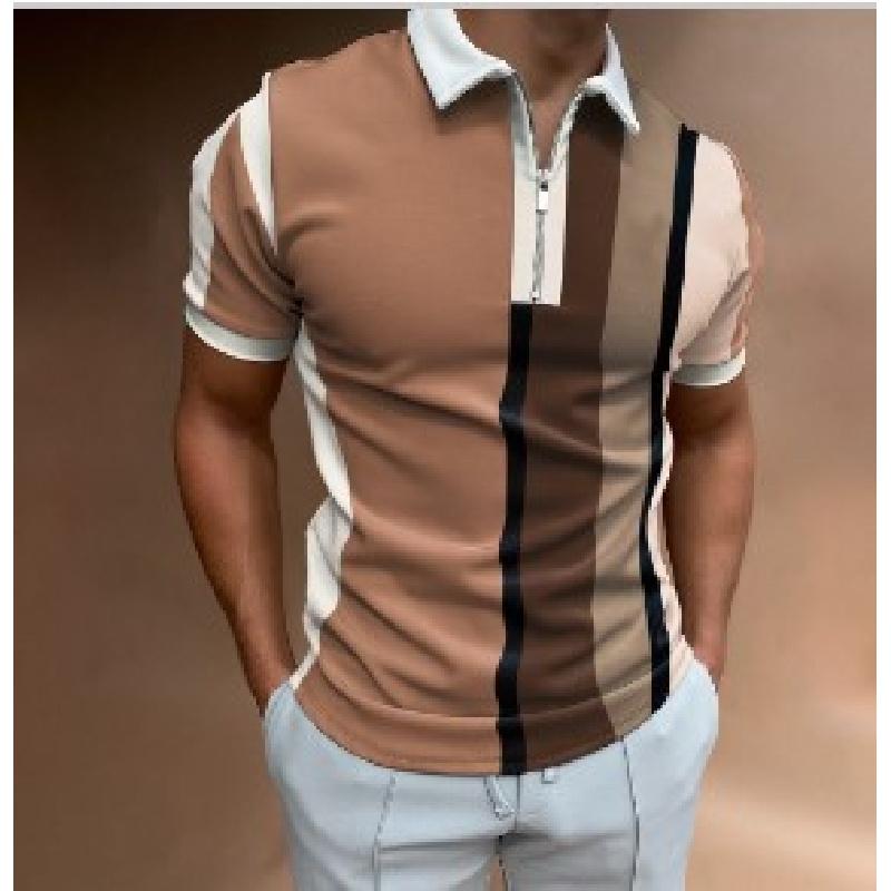 Summer Men's Casual Striped Houndstooth Digital Print T-Shirt Zipper Polo Shirt