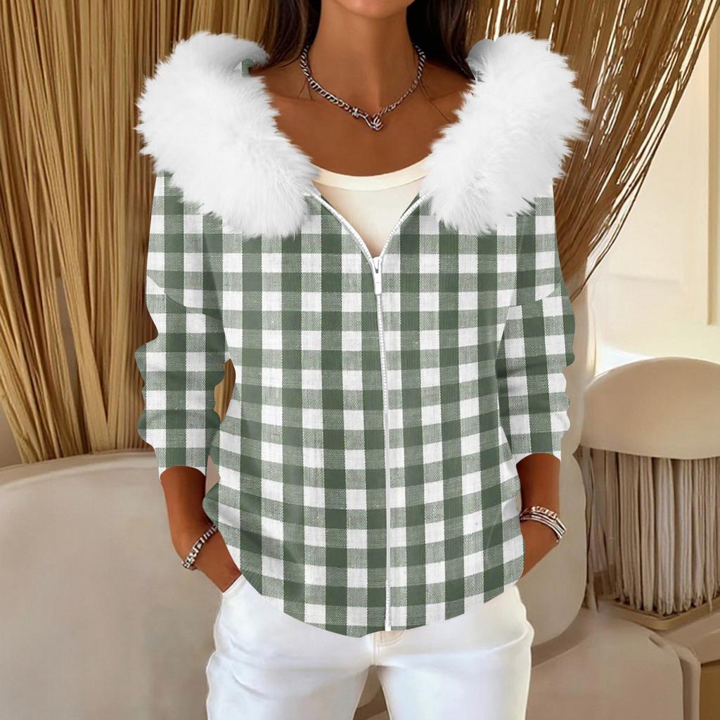 Women's Fashion Casual Sweater Zipper Print Cardigan Plush Hooded Jacket