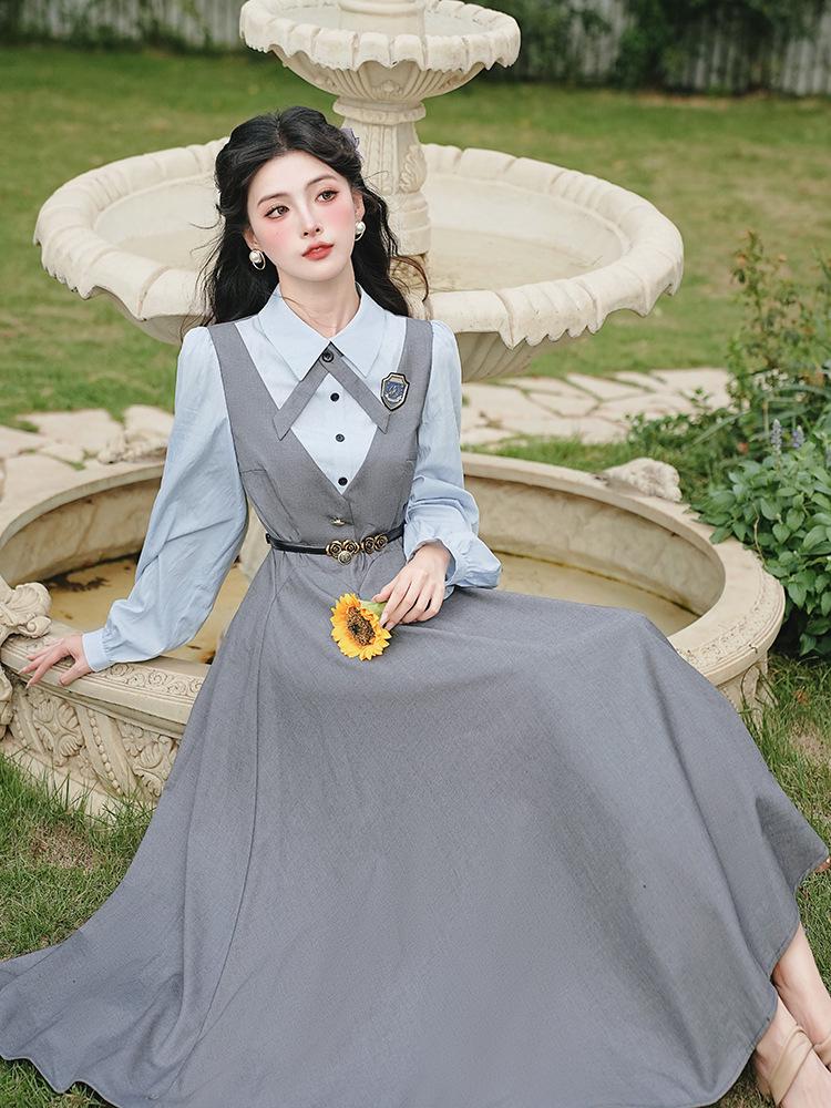 Retro Academy Style Doppellagiges Westenkleid mit Hemd mit Umlegekragen