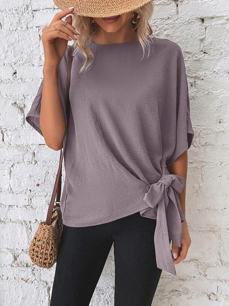 Summer Women's Solid Color Batwing Sleeve Knot Hem Loose T-shirt