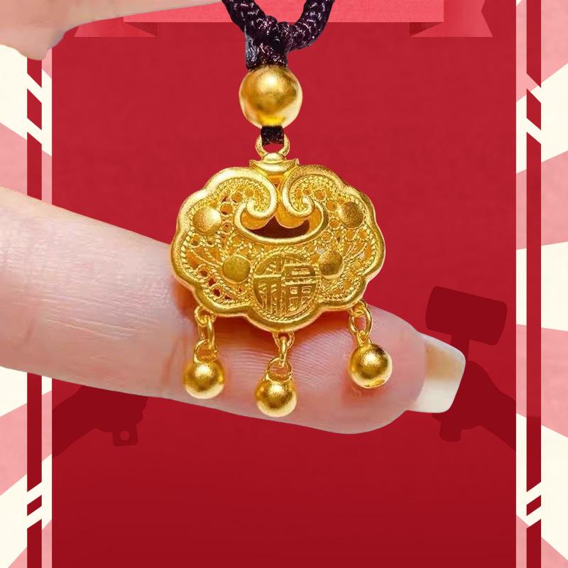 Fu Character Safety Lock Necklace Women'S Woven Rope Design Retro Chinese Style Hollow Long Life Lock Collarbone Chain