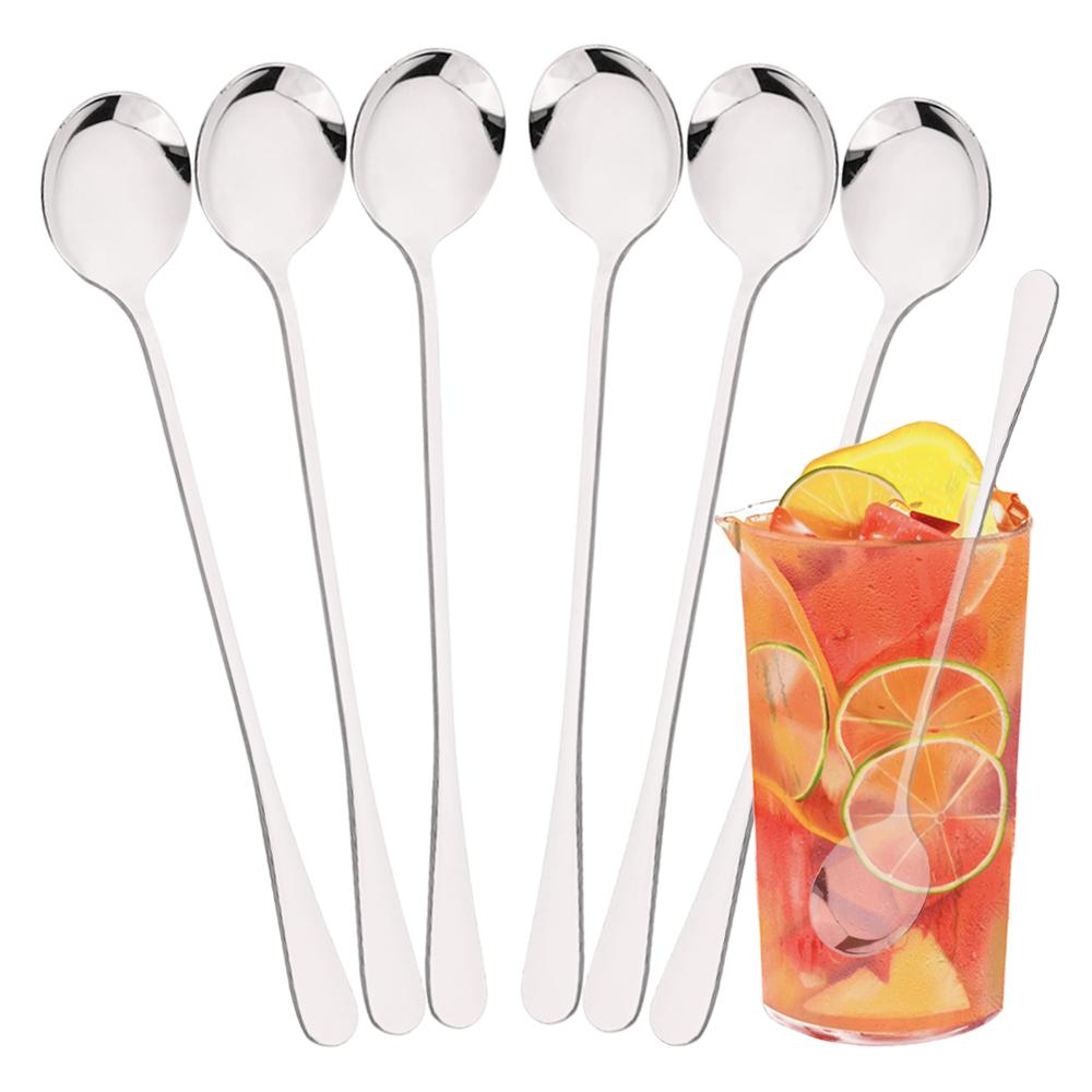 

6 шт. кофейная ложка для мороженого, чайная ложка для размешивания, кухонные принадлежности, барные инструменты, ложки с длинной ручкой, набор столовых приборов из нержавеющей стали серебряный