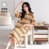 With Chest Pad~ Casual Nightdress Women's Summer Thin Cotton Short-sleeved Striped Medium and Long Dress Large Size Loungewear 55kg