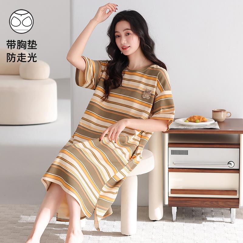 With Chest Pad~ Casual Nightdress Women's Summer Thin Cotton Short-sleeved Striped Medium and Long Dress Large Size Loungewear 55kg
