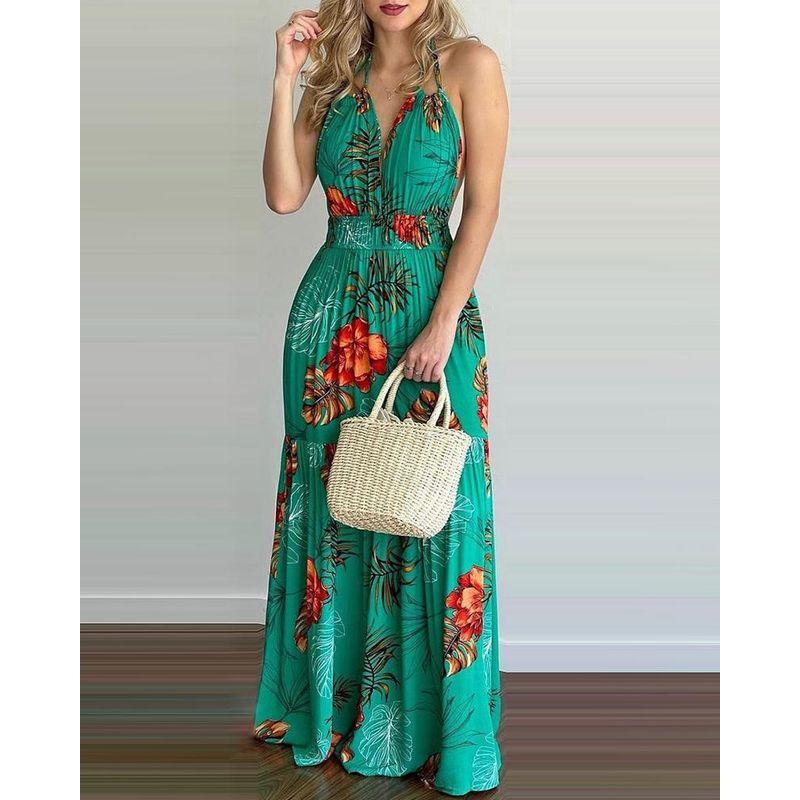 

Spaghetti-Strap Floral Print Female Dress 2022 Halter Dress Open Back Dress Green XL
