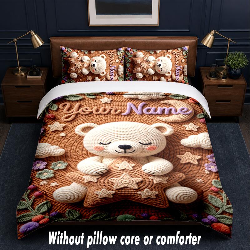 Teddy Bear Theme Custom Text Or Name 3Pcs Bedding Set,1 Flat Sheet & 2 Pillowcases Personalized Home Bedding