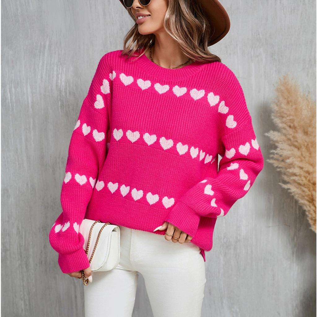 Women's Casual Fashion Round Neck Heart Sweater Knitted Bottoming Shirt