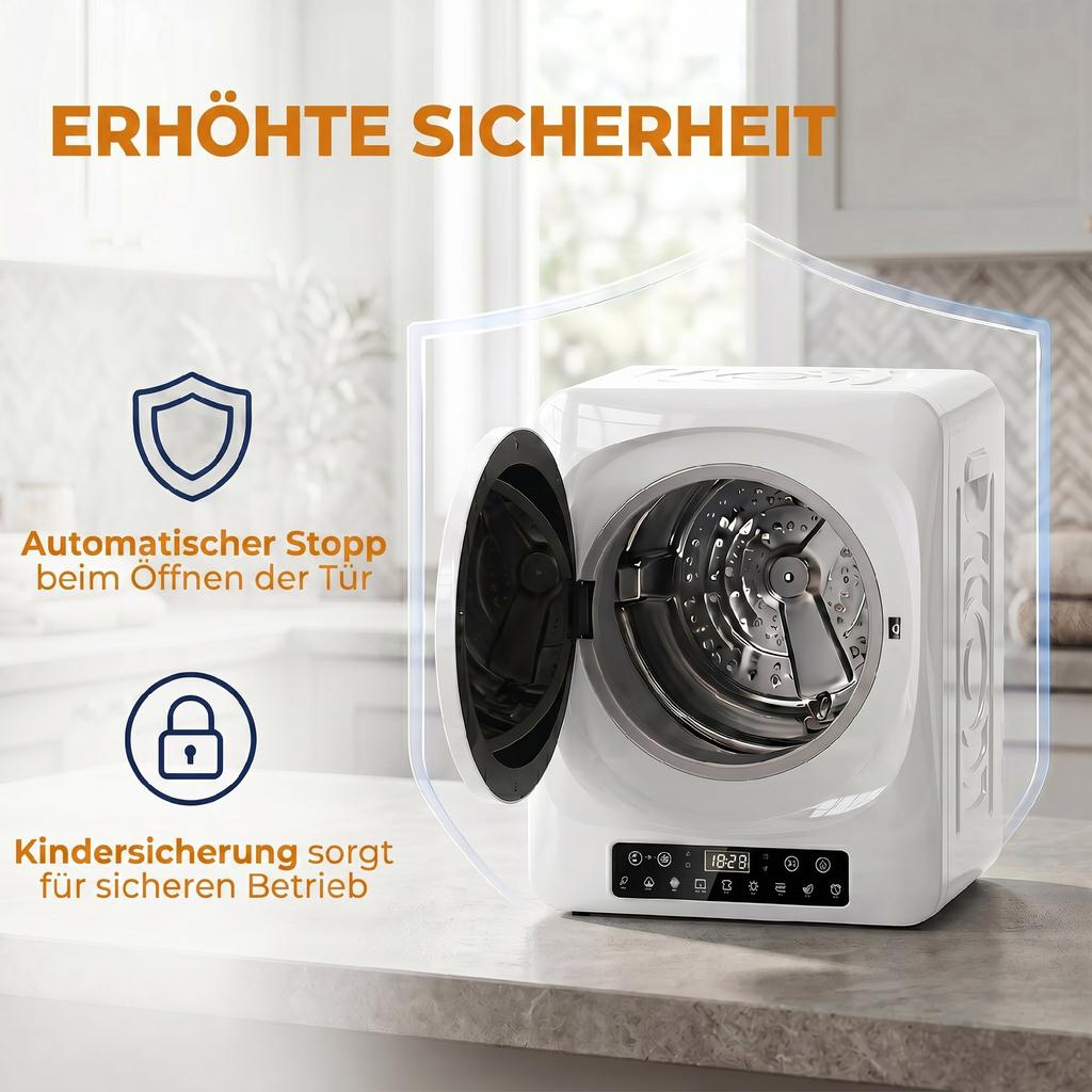 1000 W Kompakter Ablufttrockner mit Extra-Trocken- & ECO-Modi, Timer und Temperatureinstellungen, Weiß