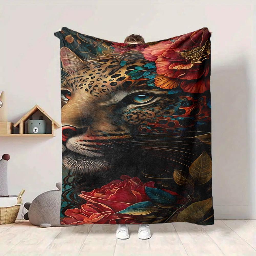 1pc Leopard Floral Print Blanket Lightweight Blanket Throw Blanket For Sofa, Bed, Travel, Camping, Livingroom, Office, Couch, Chair Yy251010065