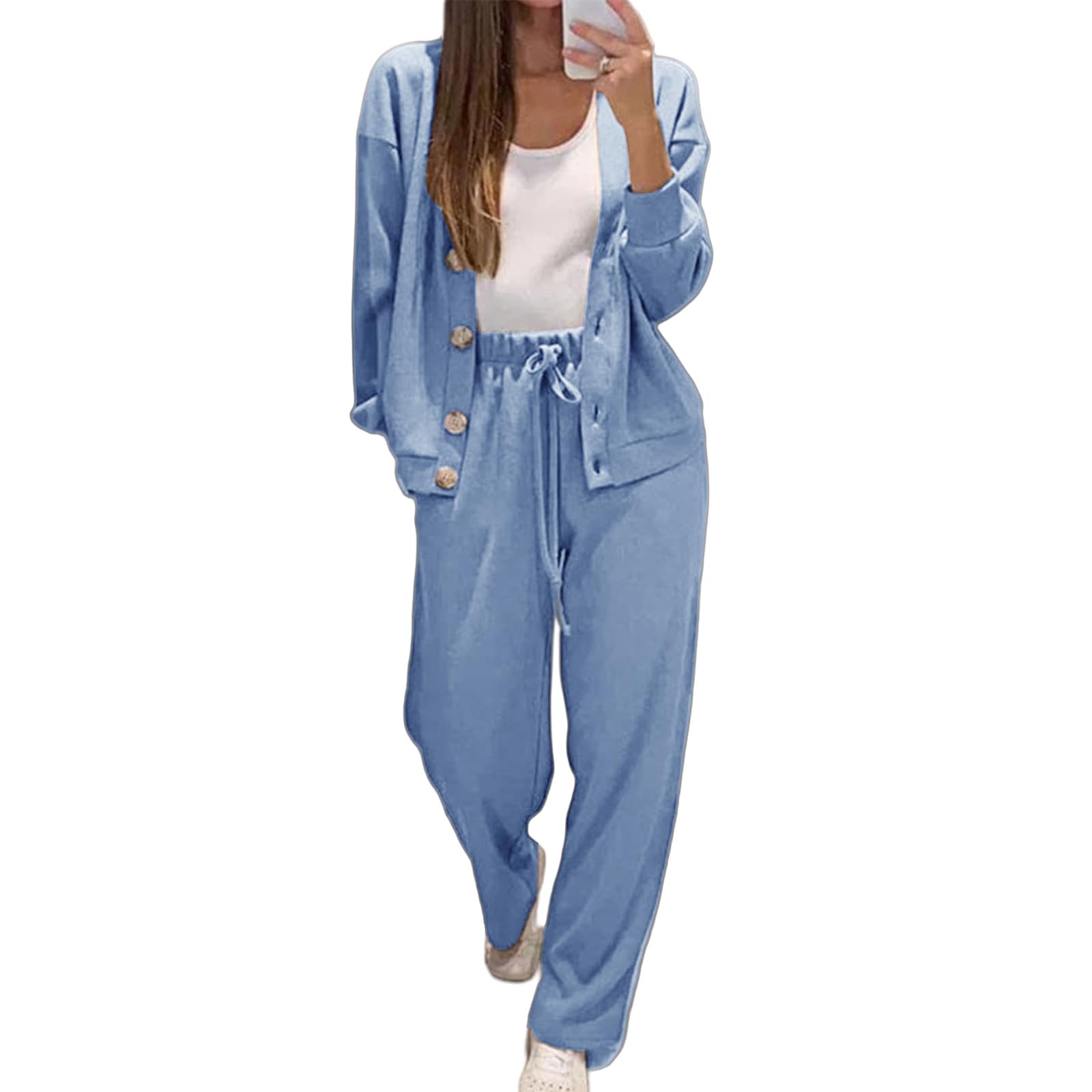 

Women s Fashionable Casual Long-Sleeved Solid-Colour Sweat Cardigan Top And Trousers Set XXL синій