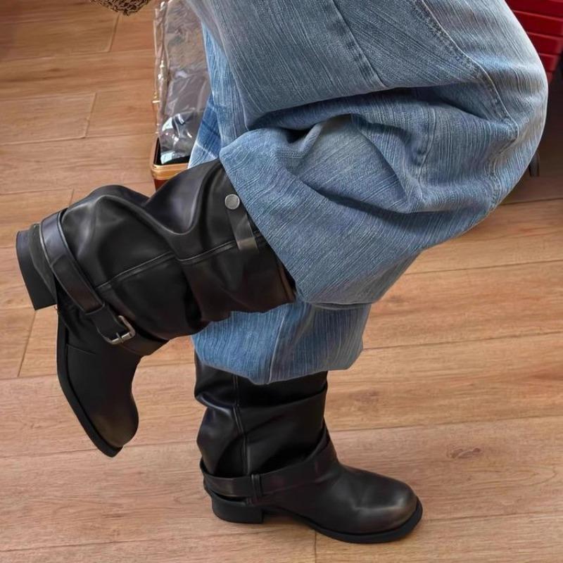 Fashion New Style Round Toe Belt Buckle Women Boots Fashion Flat Sole Mid Calf Autumn Niche Design Patent Leather Soid Women Shoes