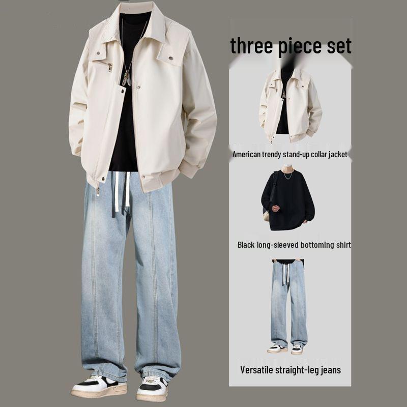 

Мужской ретро рабочий комплект из трех предметов: куртка и джинсы из хлопка для подростков M (80-100 lbs)