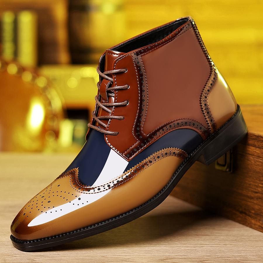 Herren High Top Lederstiefel, Übergröße Business-Kleidschuhe, Schnürung Patchwork-Farbe Büro-Kleid Lederschuhe