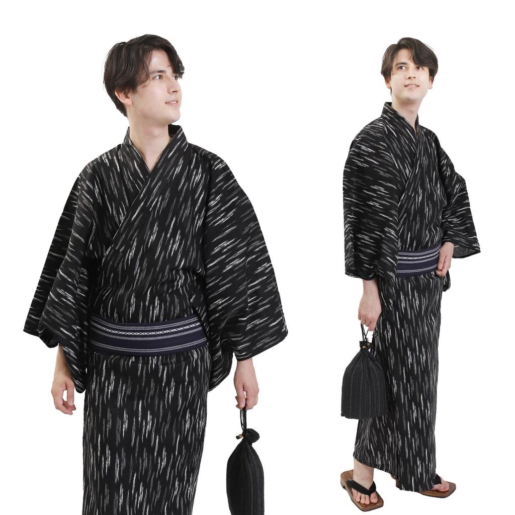 Fuuka Yukata and Obi Set Size Black Kasuri Pattern Made In Navy Size Z33001M Men's (2-Piece Set), M, (Obi, Japan, Blue, B45)