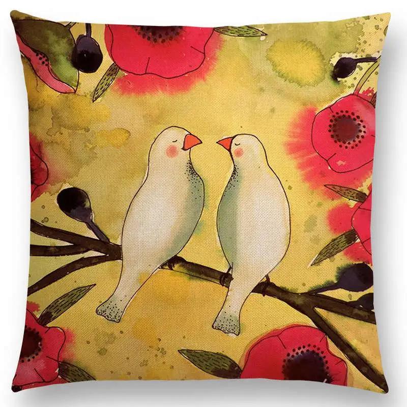 New Arrivals Watercolor Little Birds Pillow Case Floral Home Decor Cushion Cover
