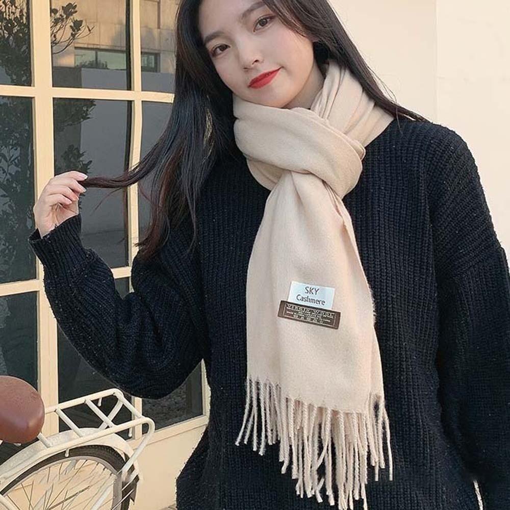 Polyester Solid Color Shawl Soft Long Neckscarf with Tassel Large Classic Wool Scarf Autumn
