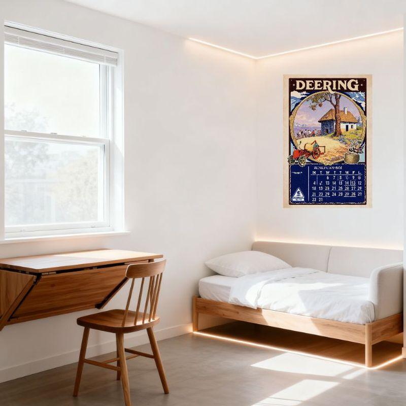 Vintage DEERING Tractor Farm Calendar Tin Sign, Retro 20th Century Agricultural Advertising Metal Poster for Wall Decor, Rustic