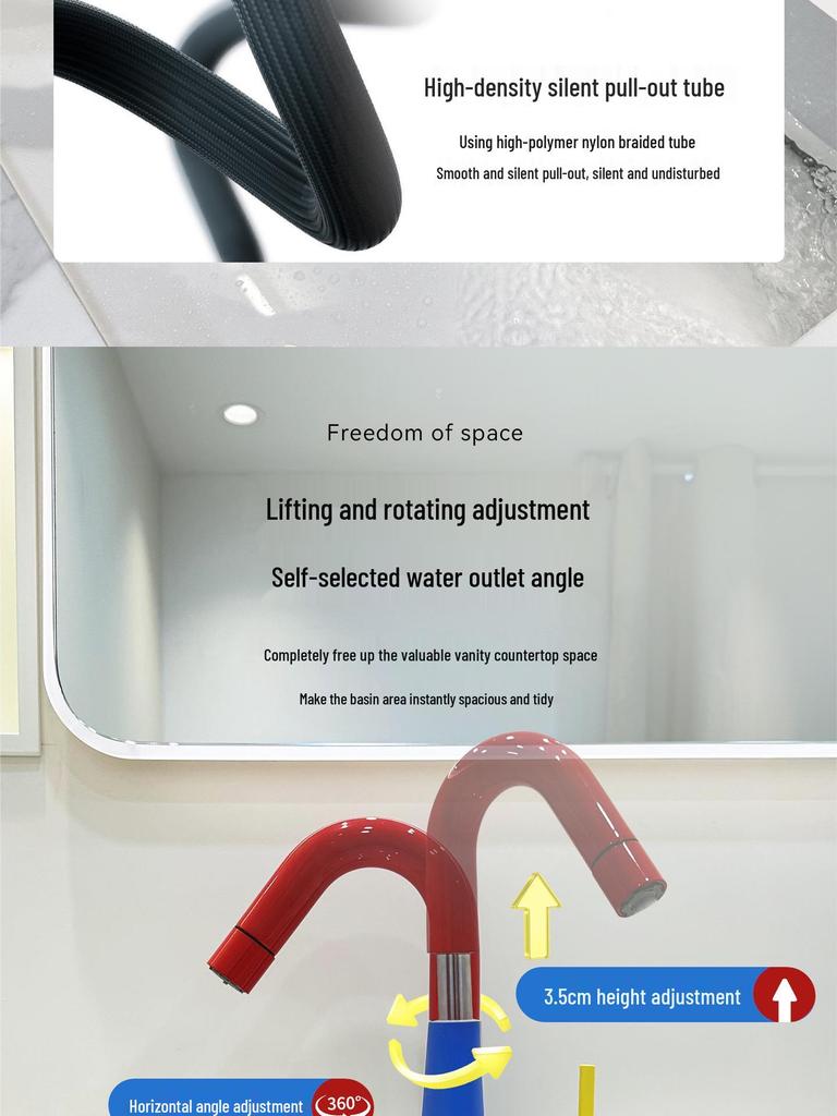 German-Style Bathroom Sink with Dopamine Faucet: All-Copper, Hot/Cold, Rotating Pull-Out Countertop Basin.