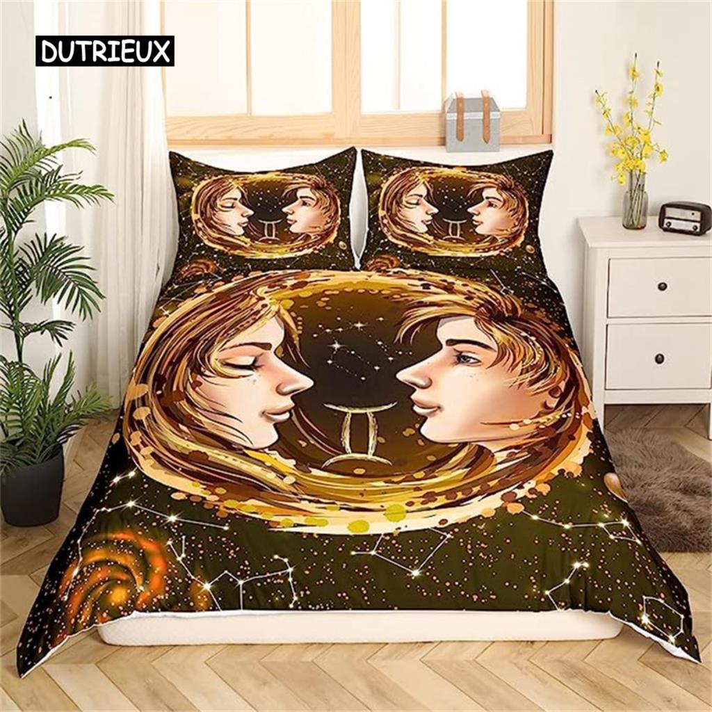 Twelve Constellation Duvet Cover Mysterious Constellation Room Decor Red Brown Galaxy Boys Girls Starry Sky Outer Space Decor