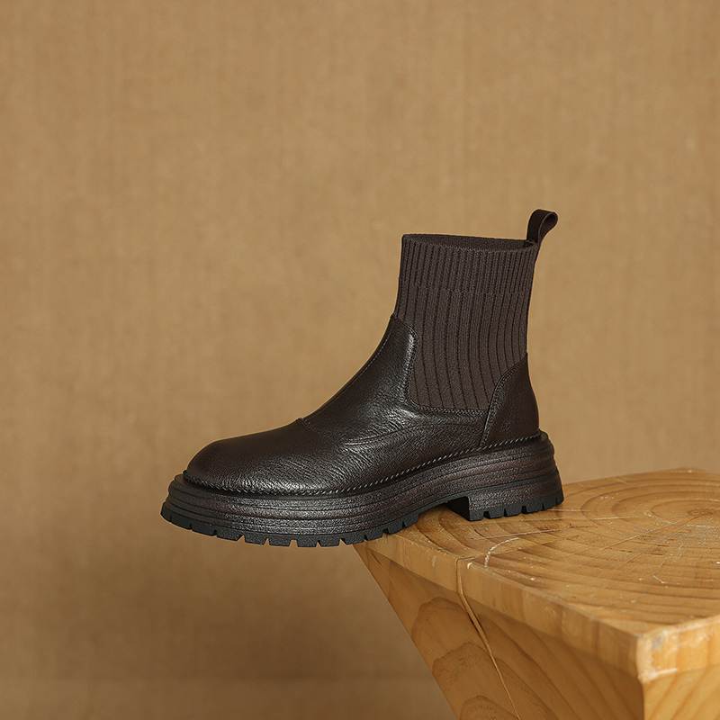 Krazing Pot Sheepskin Winter Round Toe Chunky Heels Fashion Motorcycle Boots Women Slip on Kniting Platform Ankle Boots