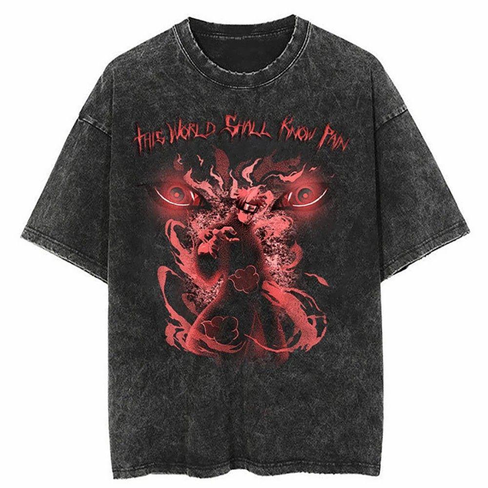 Streetwear Washed Naruto Anime T-shirt for Men and Women Pure Cotton Summer New Short Sleeve Retro Vintage Design