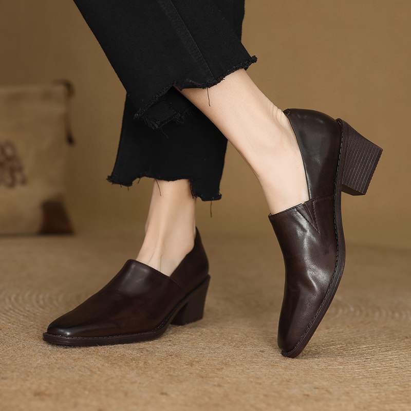 Krazing Pot Cow Skin Fashion Spring Autumn Thick High Heels Women Round Toe Office Lady Retro Fashion Pumps
