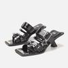 Summer Women Sexy High Heels Rivets Denim Cross-tied High Heel Sandals Leather Black Punk Roman Slippers Ladies Slides