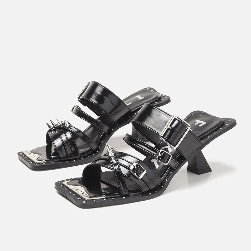 

Summer Women Sexy High Heels Rivets Denim Cross-tied High Heel Sandals Leather Black Punk Roman Slippers Ladies Slides 35 чёрный