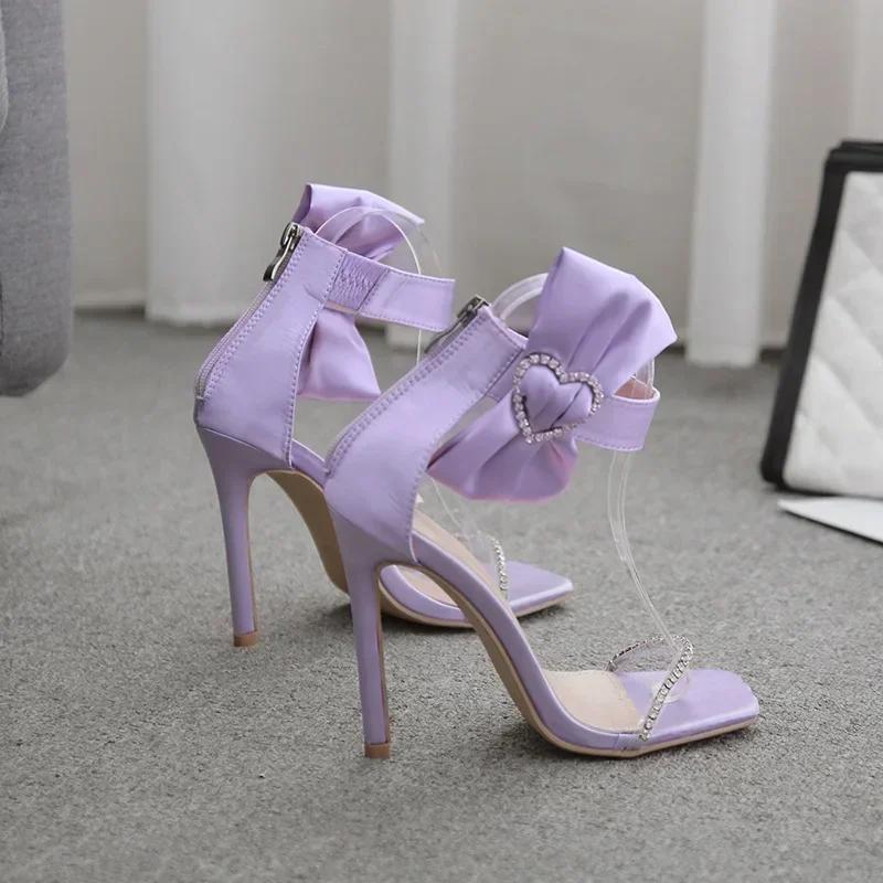 

Фиолетовые Женские Сексуальные Босоножки с Открытым Носком, Квадратным Носком, Сладкими Стразами, Шелковым Бантиком, Застежкой-молнией на Пятке, Тонким Высоким Каблуком 42 фиолетовый