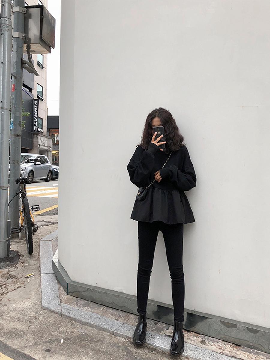 

Осень Новинка Корейский Стиль Женская Одежда Свободный Крой Приталенный Крой Футболка с Длинным Рукавом Толстовка для Студентов Повседневная Мода M чёрный