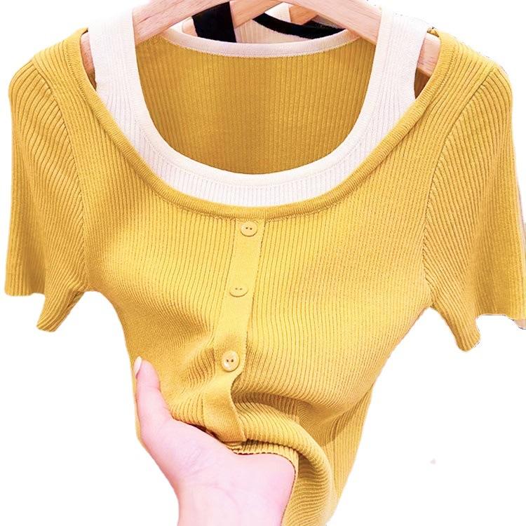 Knit Shirt Female Short-sleeved Summer Unique Chic Design Sense False Two-piece Short Top Bottoming Shirt Female Casual Slim Fit Pullovers Tees