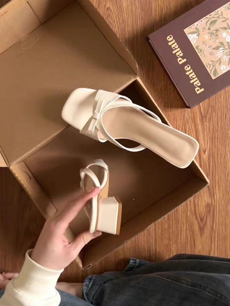 

French gentle thick heel warm card cool slippers fairy shoes 2025 spring and summer with skirt temperament medium heel holiday sandals 40